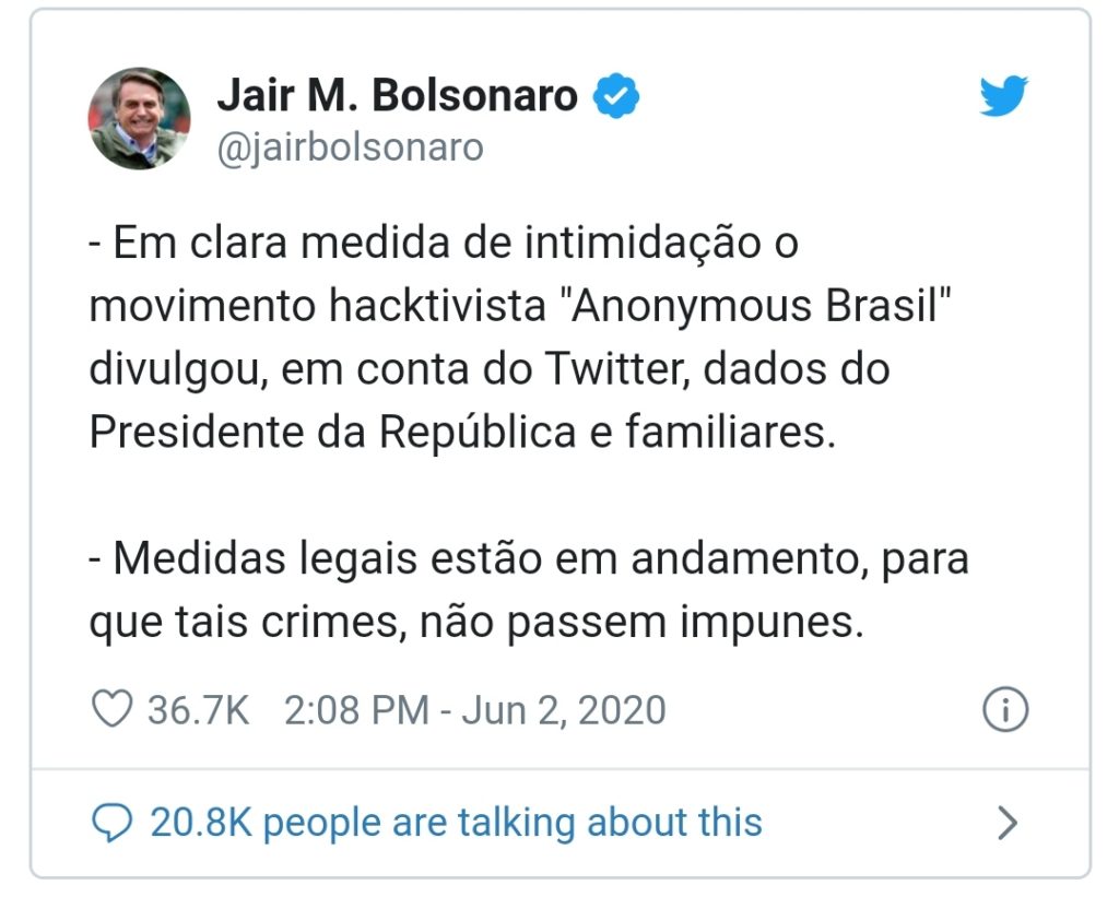 Anonymous Brasil vaza dados de família Bolsonaro e membros do governo.